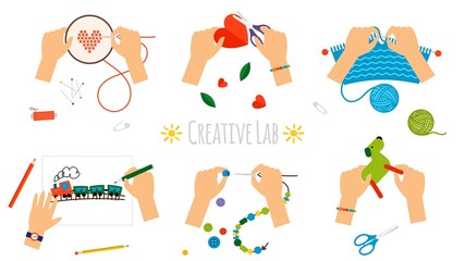 Creative hands. Workshop, needlework and drawing, embroidery and knitting. Kids laboratory in kindergarten, top view. Isolated handmade process vector illustration