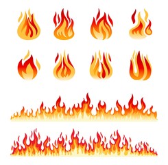 Fire flames isolated on white background. Fire borders. Cartoon flame and lights vector icons © ssstocker