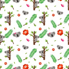 Koala pattern. Australian animal background. Wild koala bear and leaves vector seamless texture © ssstocker
