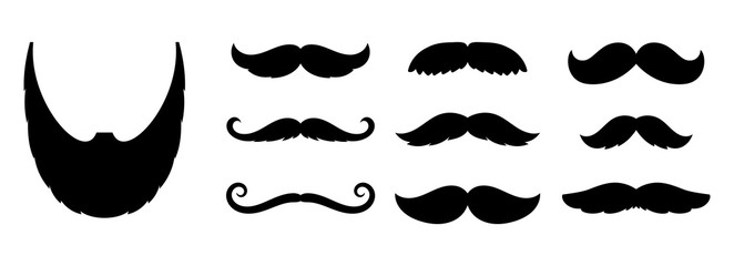 Mustache icons. fashion dandy hipster beard, barber shop signs. Black old style curly mustaches for men vector set