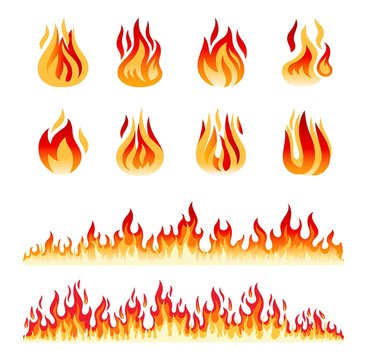 Fire flames isolated on white background. Fire borders. Cartoon flame and lights vector icons
