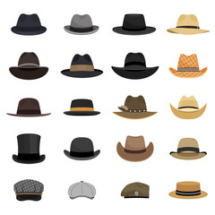 Different male hats. Fashion and vintage man hat collection vector image, derby and bowler, cowboy and peaked cap, tyrolean and summer straw hat, military beret - obrazy, fototapety, plakaty