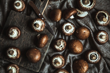 Royal mushrooms on a kitchen towel. Cooking of dishes