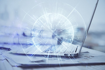 Multi exposure of business theme icons and work space with computer background. Concept of success.