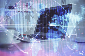 Multi exposure of business theme icons and work space with computer background. Concept of success.