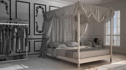 Architect interior designer concept: unfinished project that becomes real, classic bedroom, parquet, canopy bed with pillows and blankets, carpet, pouf, armchair, architecture design