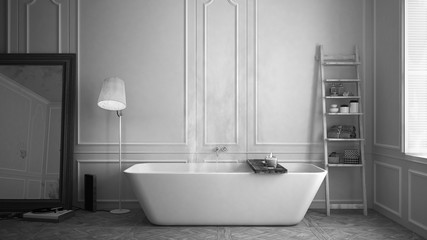 Naklejka na ściany i meble Monochrome, black & white interior design. Scandinavian bathroom with bathtub, parquet and floor lamp, minimalist design, hotel spa resort