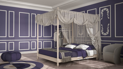Classic luxury bedroom, hotel suite, herringbone parquet, stucco molded walls, double canopy bed with pillows and blankets, round carpet, armchair, purple colored interior design