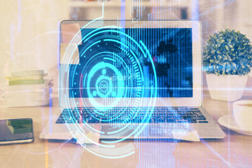 Obraz premium Technology theme drawing and table with computer. Double exposure. Concept of information.