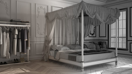 Architect interior designer concept: unfinished project that becomes real, classic bedroom, parquet, canopy bed with pillows and blankets, carpet, pouf, armchair, architecture design