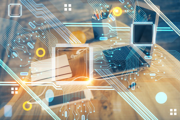 Technology theme drawing and table with computer. Double exposure. Concept of information.