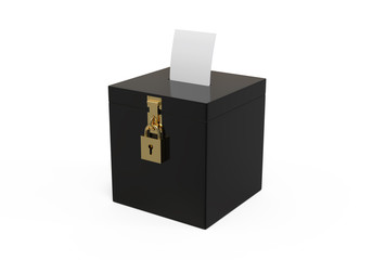 Election box with voting paper in hole, ballot campaign mockup template on isolated white background, 3d illustration