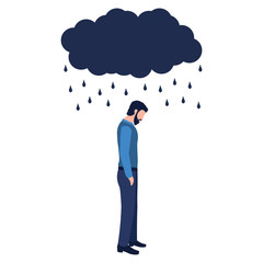 Isolated sad man under a cloud and rain on a white background. Concept of anxiety disorders, mental illness, stress and depression. Flat cartoon vector illustration of businessman standing, young man.