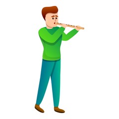 Boy playing on flute icon. Cartoon of boy playing on flute vector icon for web design isolated on white background