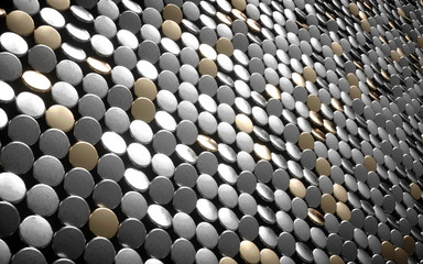 Gold coins shiny mosaic background. Black background with gold and silver lights background. Silver and gold. 3D rendering. Premium quality image.