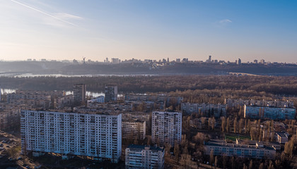 An aerial view on Rusanivka district, Dnipro river and right bank Kyiv, Ukraine on December 16, 2019