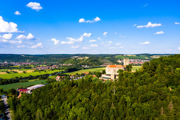 Fototapeta na wymiar Aerial view, Guttenberg Castle, Hassmersheim, Odenwald, Baden-Württemberg, Germany