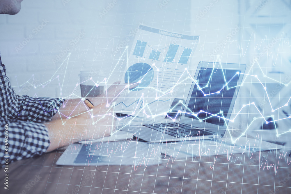 Aufkleber multi exposure of financial graph with man works in office on background. concept of analysis.
