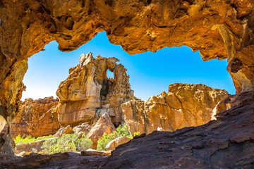 View from cave to bizarre rock formation at Stadsaal, Cederberg Wilderness Area, South Africa