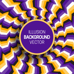 Round frame on purple yellow optical illusion hypnotic background of rotating broken stripes.