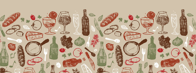 Fototapety  Wektor jasnobrązowy pasek italia szkic ilustracja poziome obramowanie wzór z butelek, kieliszków do wina, chleba, pomidorów i sera. Idealny do projektów tkanin, menu restauracji i tapet.
