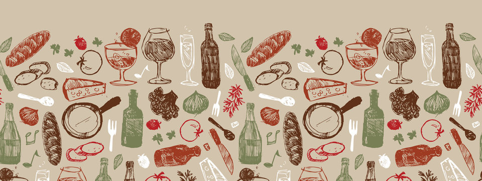 Vector Light Brown Bar Italia Sketch Illustration Horizontal Border Pattern With Bottles, Wine Glasses, Bread, Tomatoes And Cheese. Perfect For Fabric, Restaurant Menu And Wallpaper Projects.