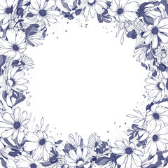 Floral frame of contour blue flowers and leaves on white background. Copy space. Hand drawn. For your design, greeting cards, wedding invitation. Vector stock illustration.