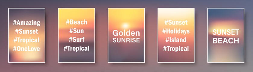 Set of golden sunset and sunrise paper cards with text. Blurred modern gradient mesh background.