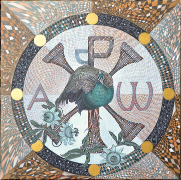 Peacock with chi hro monogram early Christianity, symbol of resurrection and immortality , hand made, brush