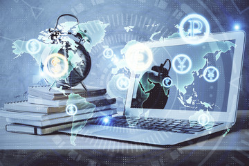 Financial chart drawing and table with computer on background. Multi exposure. Concept of international markets.