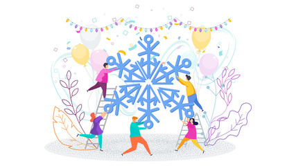 Tiny people hold huge Snowflake. Christmas and New Year greating card.