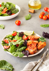 Roast chicken or turkey fillet with salad. Hot escalope of turkey or chicken with red sauce and salad. Healthy balanced eating.