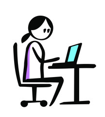 Flipchart style drawing of woman behind the desk with laptop - line art illustration for presentations