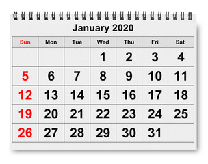 Page of monthly calendar - January 2020