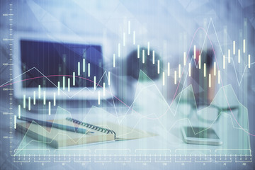 Multi exposure of forex chart and work space with computer. Concept of international online trading.