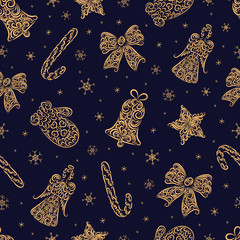 Christmas symbols from ornament element vector seamless pattern. Stylized bell, angel, star, mitten, caramel cane, bow, snowflake seamless texture.