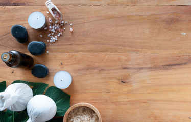 Spa wellness Relax concept. Spa background with spa accessories on wooden background. Top view with copy space.