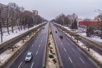 Naklejka premium The streets of Chisinau in winter. Aerial view