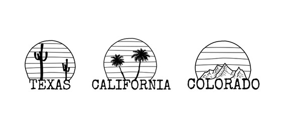 Texas, Colorado and California symbol line drawing. Palm tree, cactus, mountain elements.