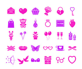 Valentines Day icon set, neon silhouette style. Love, romance, wedding collection signs, symbols, isolated on white background. Vector illustration
