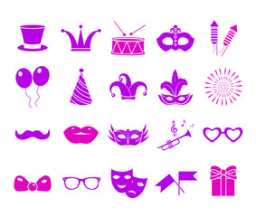 Carnival icon set, neon silhouette. Party, masquerade collection signs, symbols, isolated on white background. Vector illustration clip-art