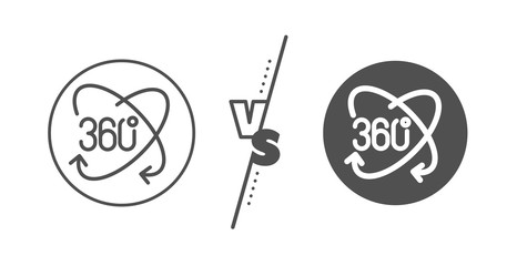 Full rotation sign. Versus concept. 360 degree line icon. VR technology simulation symbol. Line vs classic full rotation icon. Vector