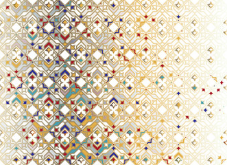 Seamless Islamic ornamental Background in color. Islamic ornamental colorful detail of mosaic. arabic, east ornament, indian ornament, persian motif, 3D. Ramadan Kareem gold greeting card, banner