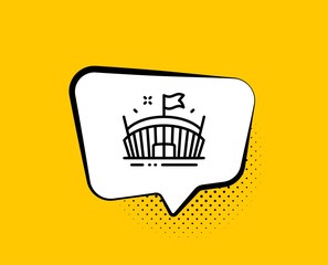 Sports stadium line icon. Comic speech bubble. Arena with flag sign. Sport complex symbol. Yellow background with chat bubble. Arena icon. Colorful banner. Vector