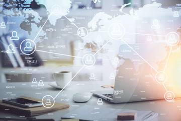 Computer on desktop with social network theme icon. Multi exposure. Concept of international connections.