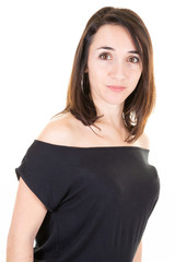 Confident young business woman brunette in black shirt on white isolated background