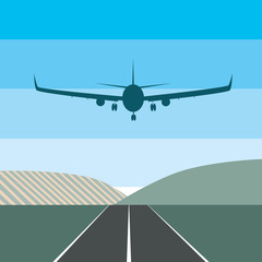 A passenger airplane in the sky over the runway, a vector stock illustration with plane with landing gear and summer landscape as travel and tourism concept