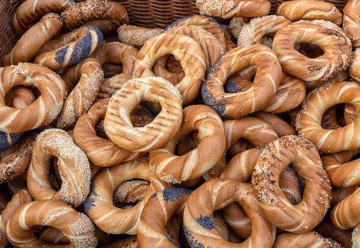 Traditional Cracovian  prezels with salt,  poppy and sesame seeds