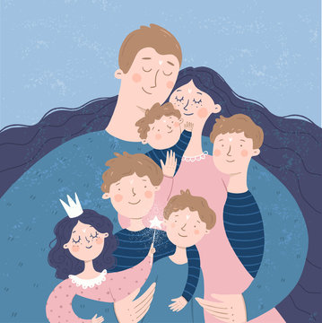 Happy family. Vector illustration of mother, father and children: daughter and son, hugging and joyful. Isolated freehand drawing for card, background or poster.