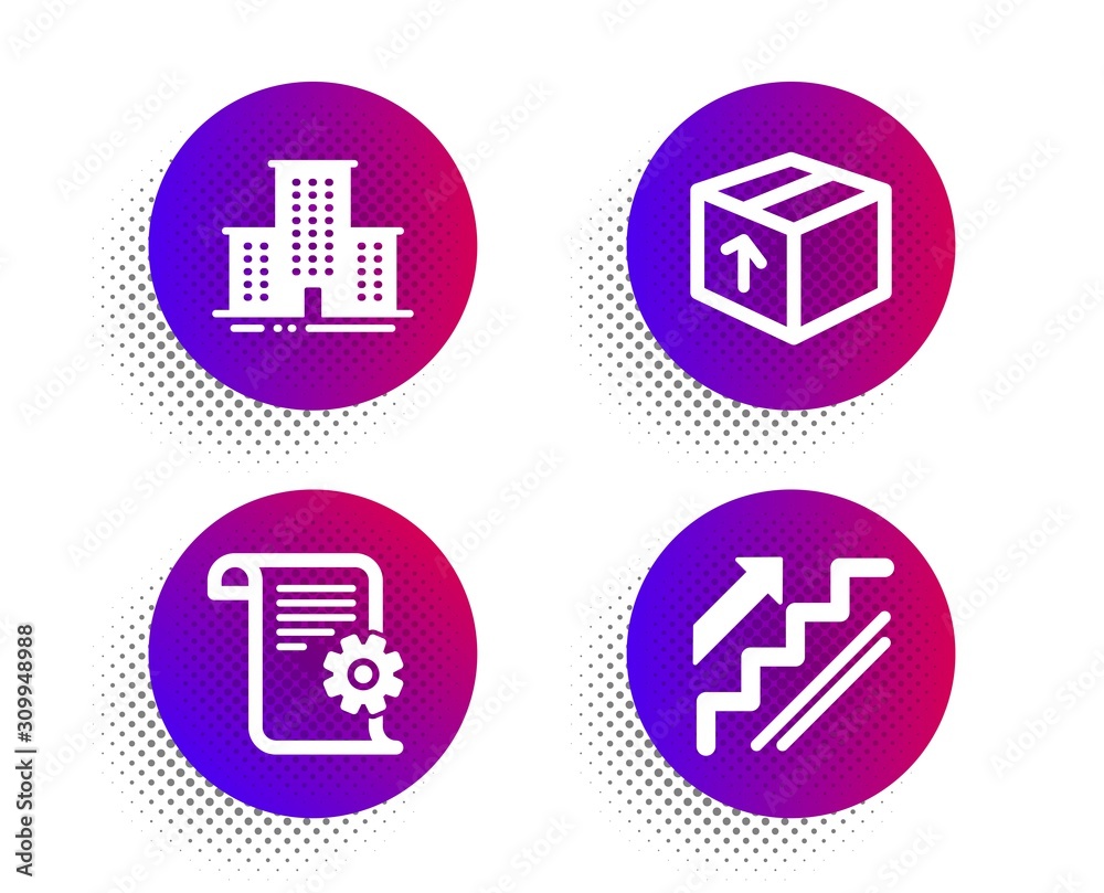 Poster package, university campus and technical documentation icons simple set. halftone dots button. stair